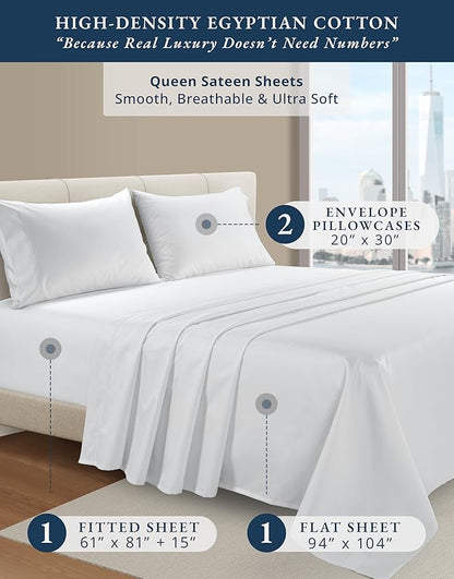 LANE LINEN Ultra Soft Queen Size Sheets Set,100% Egyptian Cotton Mercerized Fully Elasticized with French Seam on Fitted Hotel Like Thick Luxury Bed Sheets Queen Size - Brilliant White