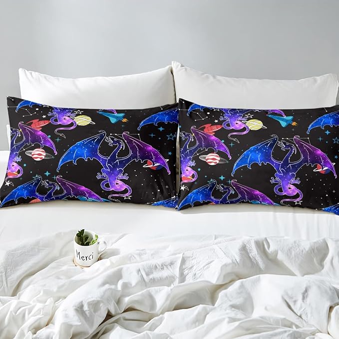 Feelyou Galaxy Dragon Bedding Set Outer Space Starry Sky Comforter Set for Kids Boys Girls Jungle Animals Dragon Comforter Colorful Decor Quilt Set Bedroom Collection 3Pcs Queen Size