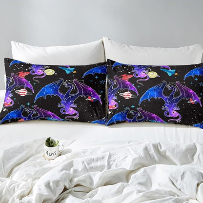 Feelyou Galaxy Dragon Bedding Set Outer Space Starry Sky Comforter Set for Kids Boys Girls Jungle Animals Dragon Comforter Colorful Decor Quilt Set Bedroom Collection 3Pcs Queen Size
