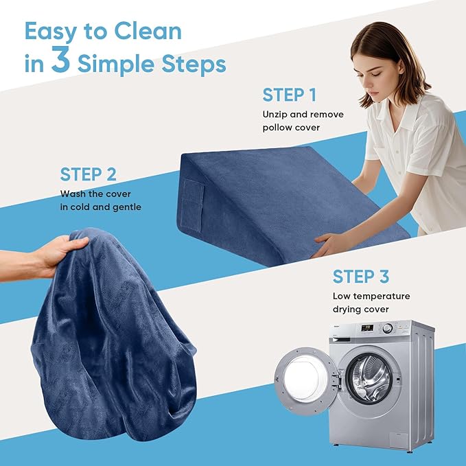 Wedge Pillow, 7.5 Inch Bed Wedge Pillow for Headboard, Pillow Wedge for Acid Reflux Relief, After Surgery, Sleeping，Back Pain Relief, Memory Foam Top, Blue