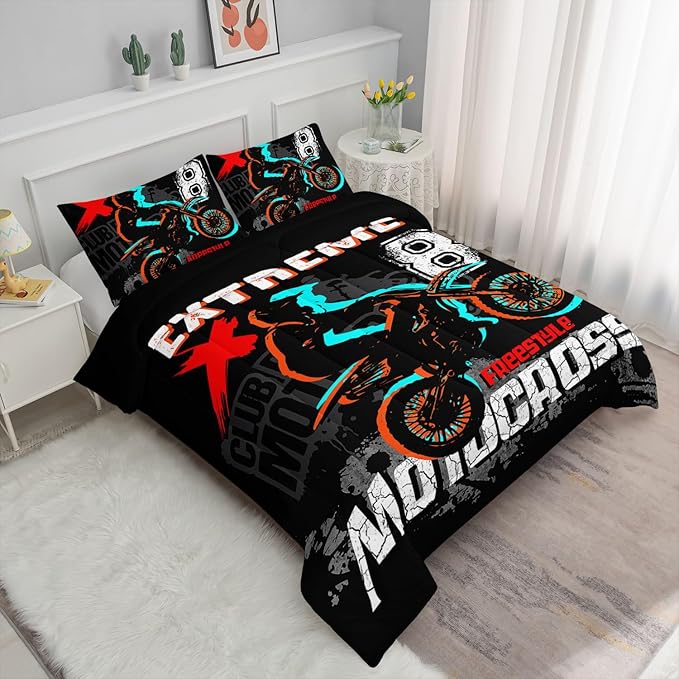 Dirt Bike Comforter Set Cool Sports Motocross Racing Moves Theme Comforter Sets Quilt with 1 Comforter and 2 Pillowcases for Kids Boys Bedroom All Season（Dirt Bike Queen）