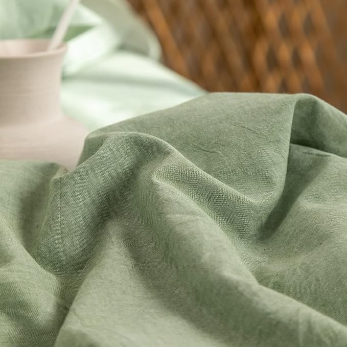 Green Duvet Cover Queen, 100% Washed Cotton Linen Like Textured Solid Color Casual Modern Style Green Bedding Set, with Zipper Closure, Luxury Soft Relaxed Feel Natural Wrinkled Comfy (3pcs, Queen)