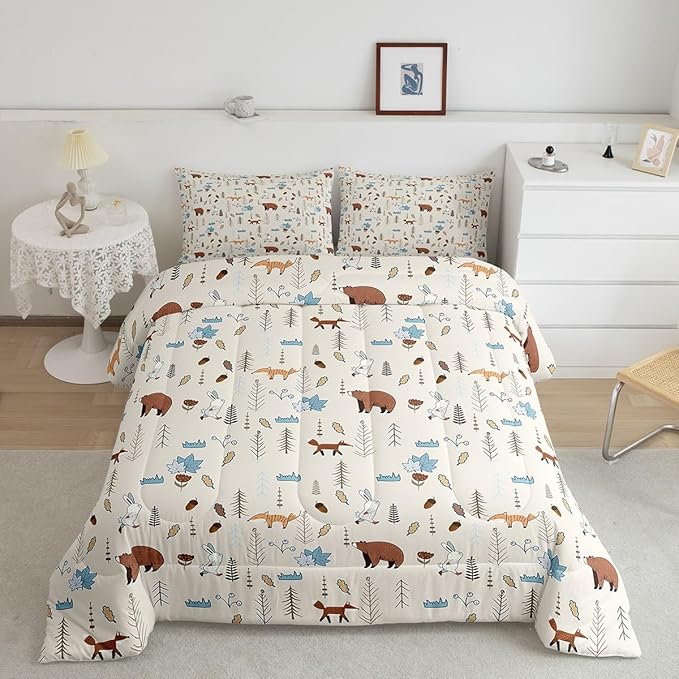 Kids Bear Fox Comforter Set King Size Cartoon Rabbit Pine Trees Bedding Set 3Pcs,Girls Boys Teens Jungle Adventure Hunt Animals Quilt Set Room Decor Rustic Beige Duvet Insert,2 Pillowcases