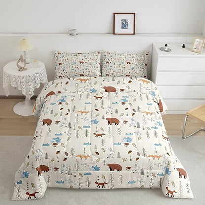 Kids Bear Fox Comforter Set King Size Cartoon Rabbit Pine Trees Bedding Set 3Pcs,Girls Boys Teens Jungle Adventure Hunt Animals Quilt Set Room Decor Rustic Beige Duvet Insert,2 Pillowcases