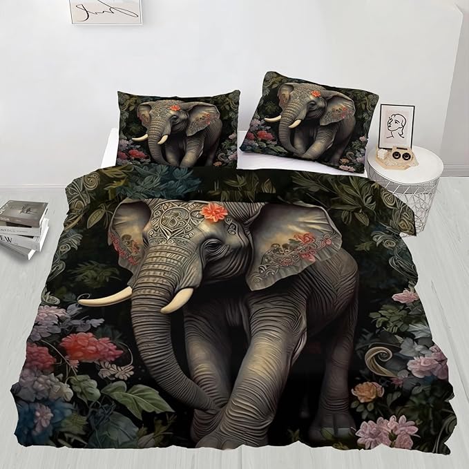 Elephant Duvet Cover King Size, Retro Tropical Elephant Bedding Set 3 Piece Bedroom Decor Boho Jungle Comforter Cover and 2 Pillow Sham with Zipper Closure