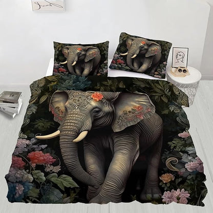 Elephant Duvet Cover King Size, Retro Tropical Elephant Bedding Set 3 Piece Bedroom Decor Boho Jungle Comforter Cover and 2 Pillow Sham with Zipper Closure