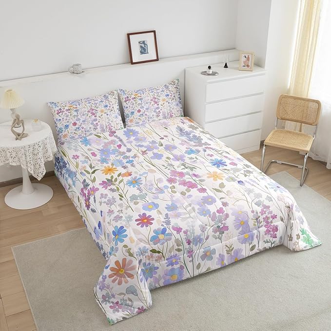 Erosebridal Cute Blue Floral King Comforter Set for Kids Girls Boys,Colorful Boho Flowers Bedding Set Rustic Country Home Decor,Watercolor Flower Quilt Bed Set Wildflower Bed Comforter Set 3Pcs