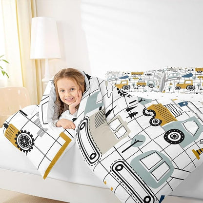 Feelyou Construction Comforter Set Queen Size Kids Excavator Tractor Toddler Comforter Cartoon Car Equipment Trucks Plaid Grid Comforter Set Construction Vehicles WhiteDuvet Set Quilt Set