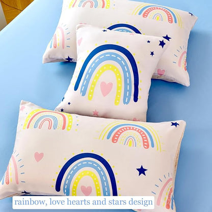 ANGIYUIN 6 Pieces Beige Rainbow Girls Full Size Comforter Set Cartoon Love Hearts Stars Bedding Set for Kids Girls Cute Soft Lightweight Bed in A Bag with Rainbow Comforter, Sheets, Pillowcases