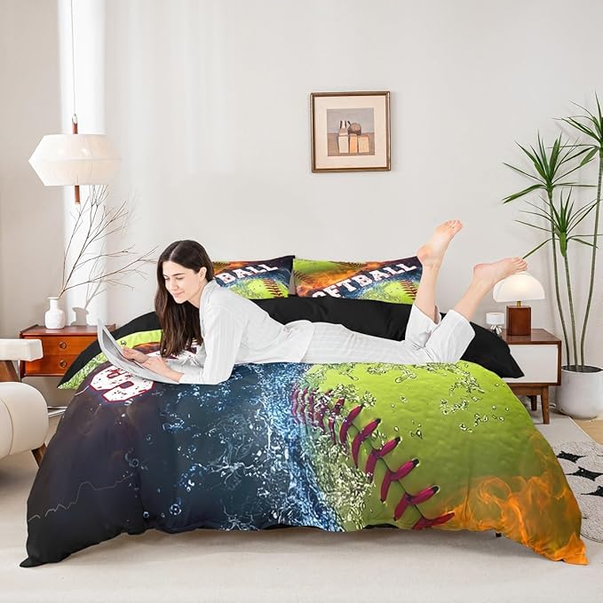 Castle Fairy 3D Softball Duvet Cover Queen Size,Ice and Fire Comforter Cover 3Pcs,Boyes Gamer Bedding Sets for Kids Boys Youth,Ball Sports Gaming Bed Sets Room Decor with 2 Pillowcase