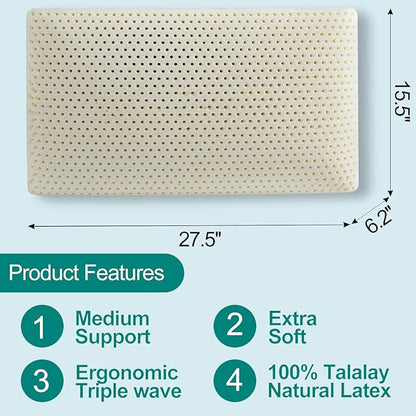 Talalay Latex Pillow, Medium Soft Latex Foam Pillow for Sleeping, Queen Size Bed Pillow for Back with Removable Cotton Inner Cover, Side and Stomach Sleepers, Helps Relieve Shoulder and Neck Pain