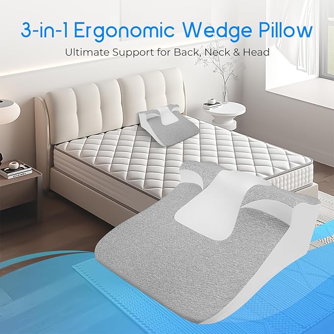 Bed Wedge Pillow for Sleep Apnea, Acid Reflux& Snoring Relief, Post-Surgery Recovery Pillow with Ergonomic 3-in-1 Certified Memory Foam for Back, Neck& Head Support (Gray & White)