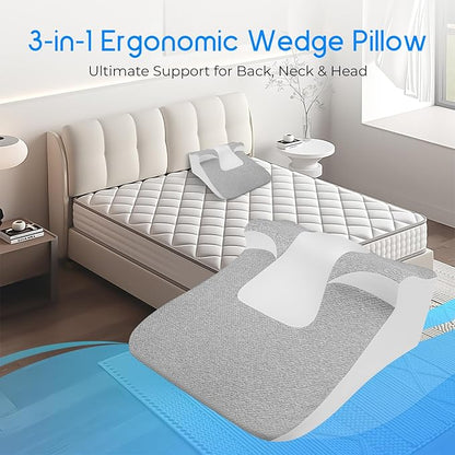 Bed Wedge Pillow for Sleep Apnea, Acid Reflux& Snoring Relief, Post-Surgery Recovery Pillow with Ergonomic 3-in-1 Certified Memory Foam for Back, Neck& Head Support (Gray & White)