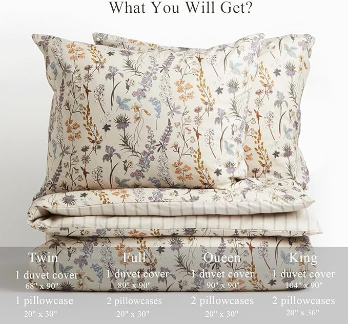 Floral Duvet Cover King 3 Pieces Aesthetic Reversible Striped Bedding Set Farmhouse Botanical Flowers Design Soft Washed Microfibre,1 Beige Duvet Cover with 2 Pillowcases