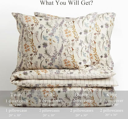 Floral Duvet Cover Full 3 Pieces Aesthetic Reversible Striped Bedding Set Farmhouse Botanical Flowers Design Soft Washed Microfibre,1 Beige Duvet Cover with 2 Pillowcases