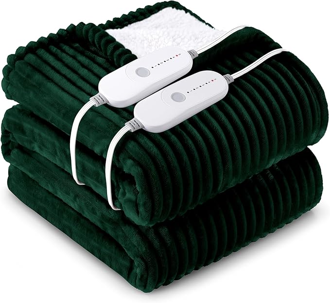 HYLEORY Heated Blanket Electric Queen, Soft Flannel Sherpa Heater 5 Heat Settings and 10 Hours Auto Shut-Off Heating Blanket ETL Certification Over-Heat Protection Machine Washable,Green