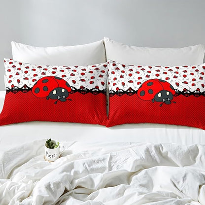 Cute Ladybugs Duvet Cover Set King Size,Red Black Entomology Dots Bedding Set 3pcs for Kids Girls Women Room Decor,Cartoon Animals Comforter Cover Vivid Natural Quilt Cover,2 Pillowcases