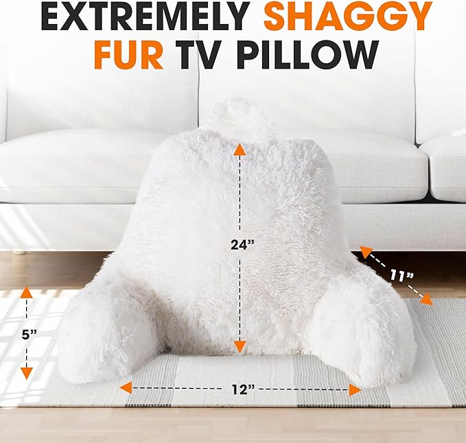 Cheer Collection Fluffy Reading Pillow Chair - Shaggy Hair Chair Pillow with Arms for Bed & Couch, White