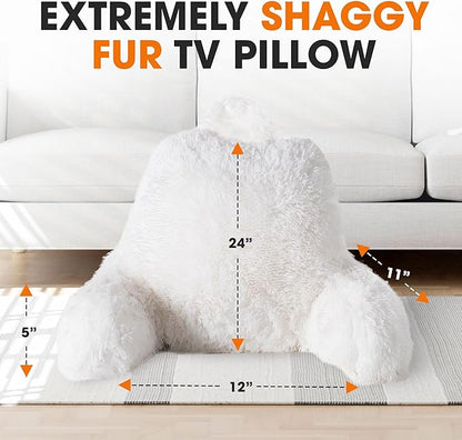 Cheer Collection Fluffy Reading Pillow Chair - Shaggy Hair Chair Pillow with Arms for Bed & Couch, White