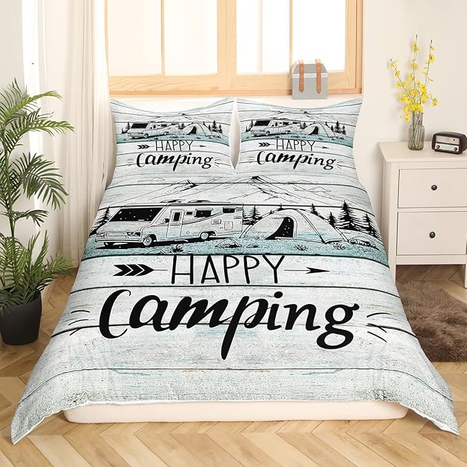 RV Happy Camping Bedding Set Twin Size,Natural Mountain Pine Tree Duvet Cover for Kids Boys Bed Comforter Cover Set,Farmhouse Rustic Camper Bedding Quilt Cover Set Decorative 2 Pieces
