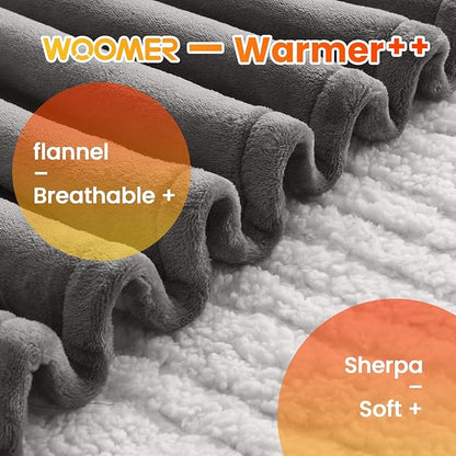 WOOMER Electric Blanket Full Size,Durable Flannel and Soft Sherpa,Dual Control,77”×84” Heated Throw Blanket, 10 Heat Levels&0.5-12h auto-Off,Energy Efficient,ETL Certified