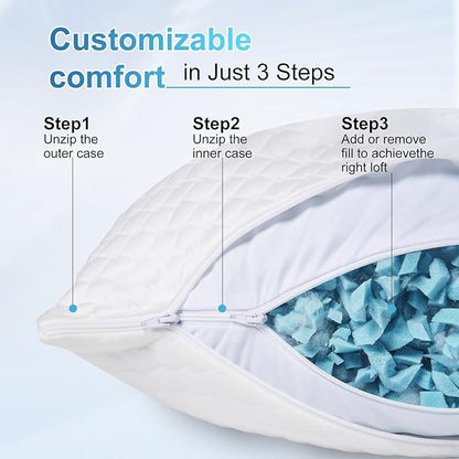 NTCOCO Cooling Bed Pillows Queen Size Pack of 2 for Sleeping Shredded Memory Foam Bed Pillows Adjustable Gel for Side Stomach Back Sleepers Washable Removable Cover Cover