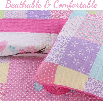 Cozy Line Home Fashions 100% Cotton Reversible Quilt Bedding Set, Coverlet Bedspread All Season Lightweight for Kids Toddler Girls (Pink Owl, Twin-2 Piece)
