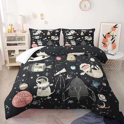 Cartoon Space Theme Bedding Comforter Set King Size for Kids Teens and Adults Astronauts Printed Quilt Set for Bedroom Soft Microfiber Print Quilt Set with 1 Comforter and 2 Pillowcases