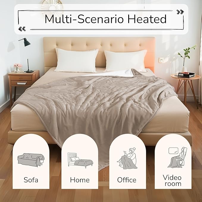 Electric Heated Blanket Queen Size 84"x90" - Dual-Sided with Microplush & Sherpa Fabric, 4 Heat Settings & 10 Hours Auto Off, Dual Controller, Machine Washable - Light Brown