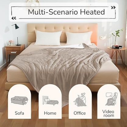 Electric Heated Blanket Queen Size 84"x90" - Dual-Sided with Microplush & Sherpa Fabric, 4 Heat Settings & 10 Hours Auto Off, Dual Controller, Machine Washable - Light Brown