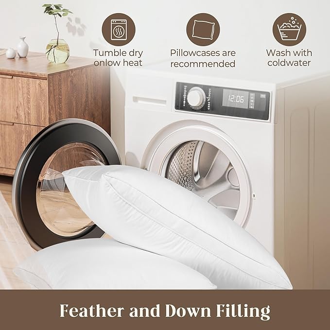 Bafode Goose Down Feather Pillows, Soft Bed Pillows Queen Size Set of 2, 100% Soft Cotton Shell,Gusseted Hotel Pillows for Back, Stomach or Side Sleepers