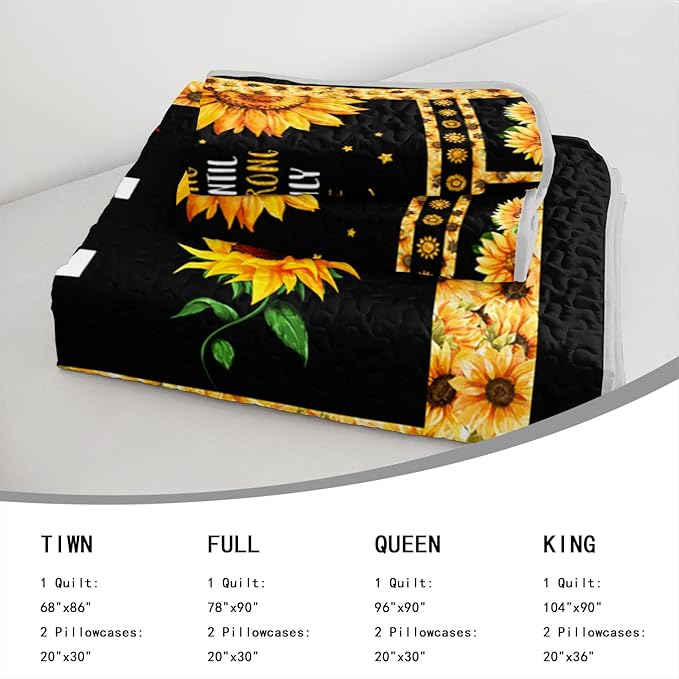 AILONEN Girls Sunflower Quilt Set King Size, 3Pcs Black Yellow Flower Bed Cover Bedding Set for Kids and Adults, Lightweight Bedspread Coverlet with 2 Pillowcases All Season