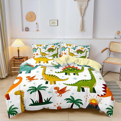 Dinosaur Duvet Cover Sets King Size for Kids Boys Girls Teens, Cartoon Yellow Comforter Cover,1 Duvet Cover 79x90 Inches and 2 Pillowcases 20x26 Inches (King,No Comforter)
