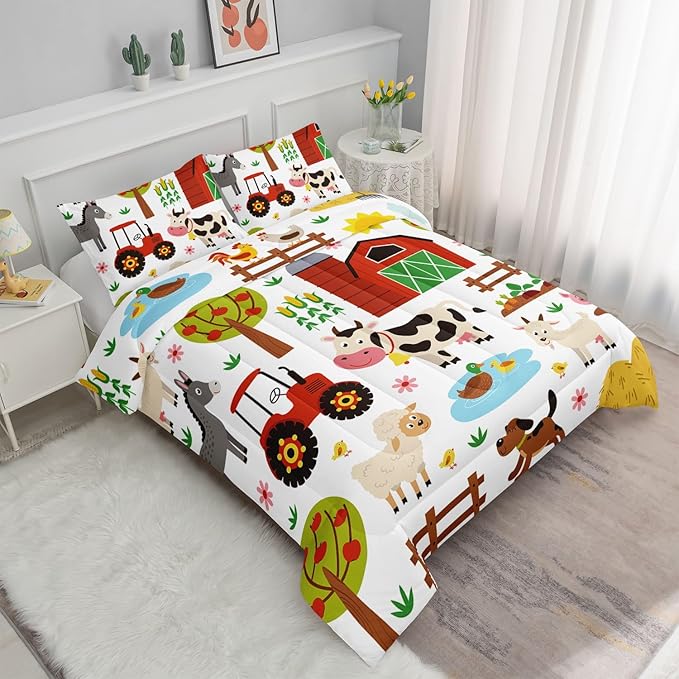 Kids Comforter Set Farm Theme Printed Pattern Bedding Set with 1 Comforter and 2 Pillowcases for Girls Boys Bedroom All Season(Farm Theme01 Full)