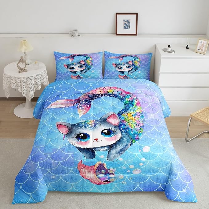 Rainbow Cartoon Cat Bed Sheet Set Colorful Mermaid Comforter Set for Kids Boys Teens Room Decor Blue Mermaid Scales Bedding Set Set Ocean Gradient Style Bed Cover 2Pcs Twin Size With 1 Pillow Case