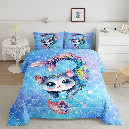 Rainbow Cartoon Cat Bed Sheet Set Colorful Mermaid Comforter Set for Kids Boys Teens Room Decor Blue Mermaid Scales Bedding Set Set Ocean Gradient Style Bed Cover 2Pcs Twin Size With 1 Pillow Case