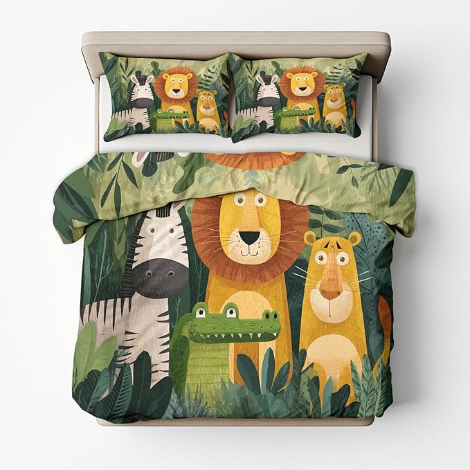 Jungle Animal Duvet Cover King Size, Kids Boys Girls Bedding Set 3 Pcs (2 Pillow Shams), Super Soft Microfiber Bedroom Decor, Zipper & Ties CSXQ1245