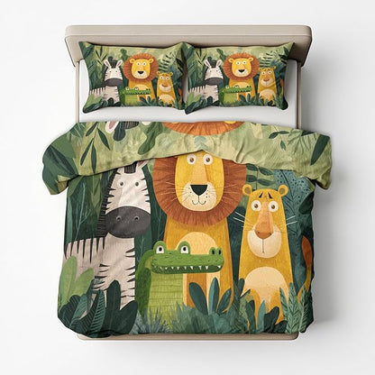 Jungle Animal Duvet Cover Oversized Queen Size, Kids Boys Girls Bedding Set 3 Pcs (2 Pillow Shams), Super Soft Microfiber Bedroom Decor, Zipper & Ties CSXQ1245