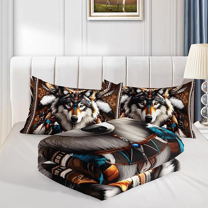 HOSIMA Wolf King Size Comforter,Tribe Decoration Print Animal Bedding for Teens Boys Room Decor,Lightweight Fluffy Dreamcatcher Feather Pattern Wolf Bedding Set for Kids with 2 Pillowcases.