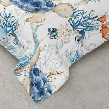 Blue Sea Turtle Themed Comforter 3Pcs Queen Wild Ocean Animal Tortoise Fish Bedding Set for Kid Teen Girl Boy Adult Coral Clownfish Octopus Quilt Bed Decor with 1 Comforter and 2 Pillowcases