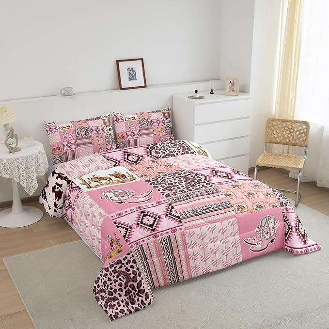 Feelyou Pink Aztec Bedding Set Queen Size, Kids Western Decor Comforter Set Wild West Cowboy Cowgirl Comforter Boho Style Duvet Insert Bed Set 3Pcs