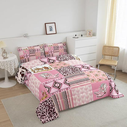 Feelyou Pink Aztec Bedding Set Queen Size, Kids Western Decor Comforter Set Wild West Cowboy Cowgirl Comforter Boho Style Duvet Insert Bed Set 3Pcs
