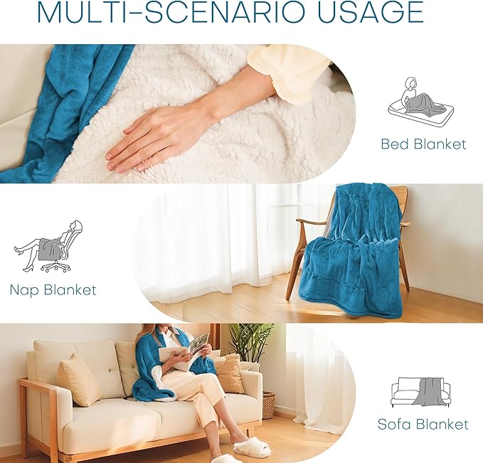 LUXIAN Electric Heated Blanket Twin Size 62"x84" - Flannel & Sherpa Fabric Dual-Sided, 6 Heat Settings & 1-10 Hours Auto Off, Machine Washable, Tile Blue