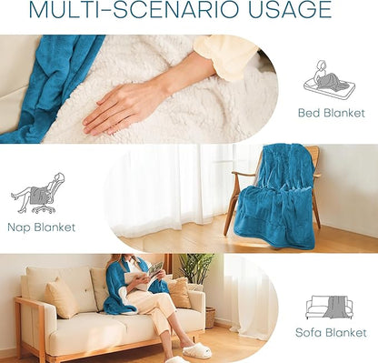 LUXIAN Electric Heated Blanket Twin Size 62"x84" - Flannel & Sherpa Fabric Dual-Sided, 6 Heat Settings & 1-10 Hours Auto Off, Machine Washable, Tile Blue