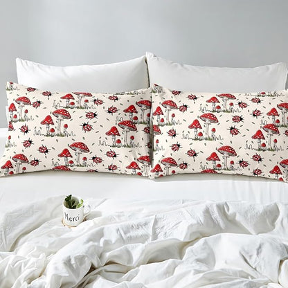 Castle Fairy Wild Mushroom Bedding Set Full Size,Cute Ladybug Duvet Cover 3pcs Kids Teens Rustic Hand Drawn Comforter Girls Boys Room Decor,Nature Animals Plants Quilt Cover,2 Pillowcases,Red Khaki