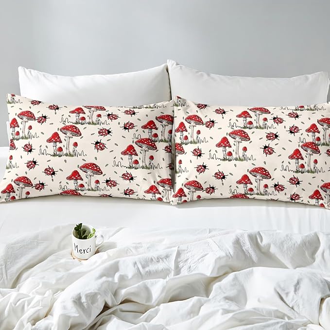 Wild Mushroom Duvet Cover Set Twin Size,Cute Ladybug Bedding Set 2pcs Kids Teens Rustic Hand Drawn Comforter Cover Girls Boys Room Decor,Nature Animals Plants Quilt Cover,1 Pillowcase,Red Khaki