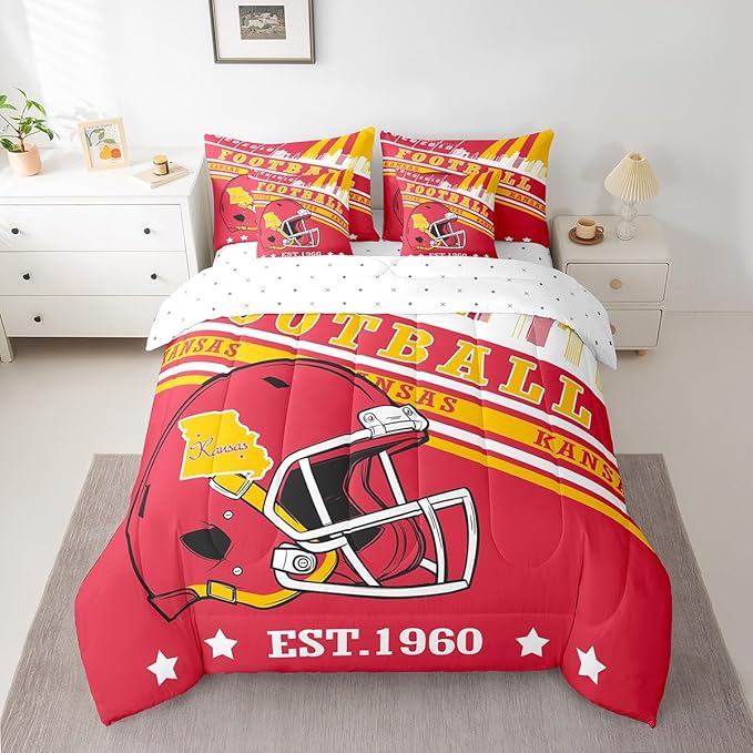 Football Lovers Full Bedding Sets, Football Sports Decor Comforter Set Red And Yellow Football Rugby Helmet Comforter + Flat Sheet + Fitted Sheet + 2 Pillowcases + 2 Throw Pillow Covers (Kansas)