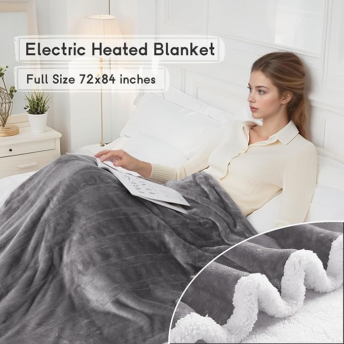 Heated Blanket Electric Blanket Full Size 72''x84'', Soft Flannel Heating Blanket with 1-10 Hour Auto Off - 6 Heat Settings - Machine Washable - Light Grey