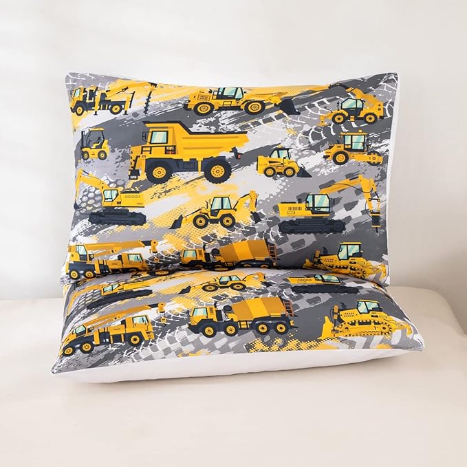 Feelyou Boys Construction Bedding Set Full Size Comforter for Kids Tractor Trucks Comforter Set Toddler Room Decor Car Bed Cartoon Excavator Quilted with 2 Pillow Cases