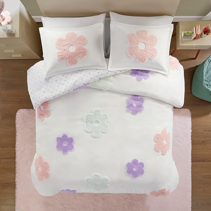 Intelligent Design Kids Twin Duvet Cover Set for Girls, Tufted Chenille Floral Duvet Set Twin, Lightweight Polka Dot Duvet Reversible Bedding Cover, Sham, Pillow, Gracie, Twin White/Purple 3 Piece